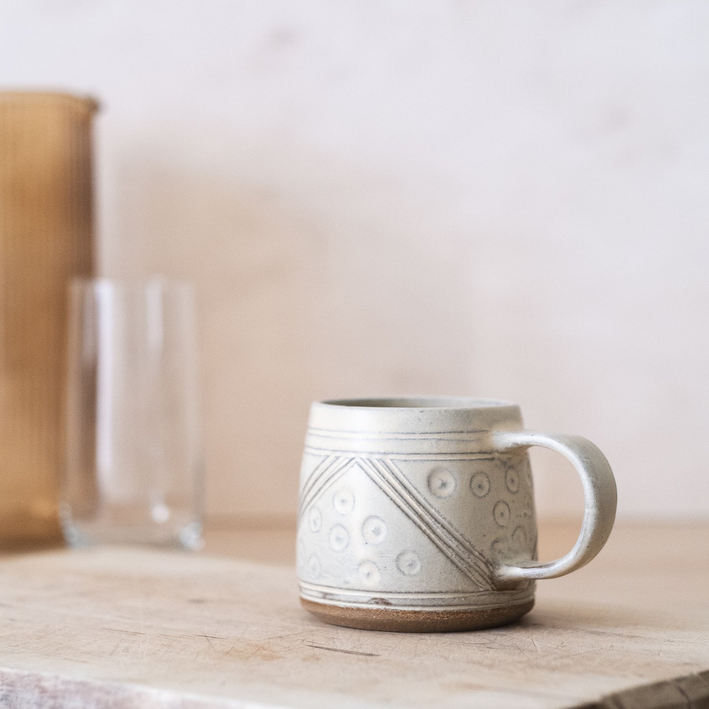 Carved Triangle Mug in Creamy Yellowish Satin Matte