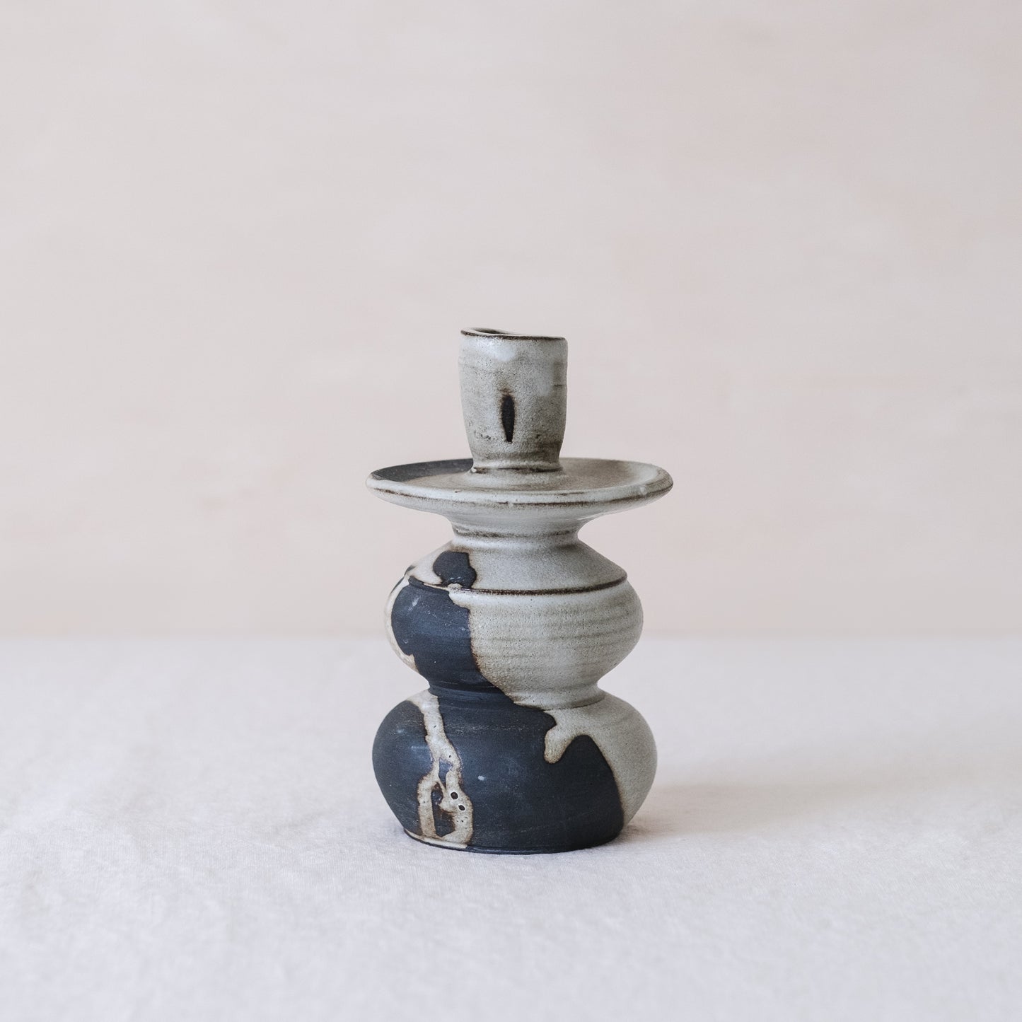 Small Handmade Ceramic Candle Holder in Black and White