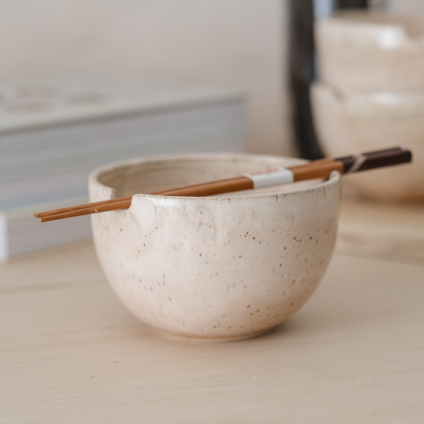 Handmade pink ramen bowl ceramic with side rests for chopsticks