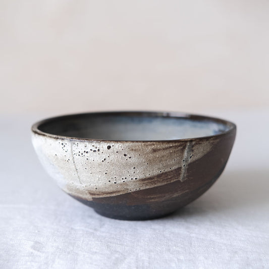 Deep Ceramic Three Toned Bowl with Blue Glaze